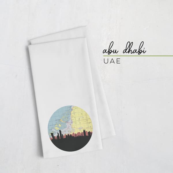 Abu Dhabi United Arab Emirates city skyline with vintage Abu Dhabi map - Tea Towel - City Map Skyline