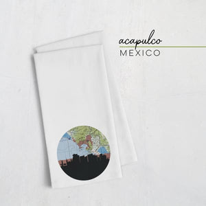 Acapulco Mexico city skyline with vintage Acapulco map - Tea Towel - City Map Skyline
