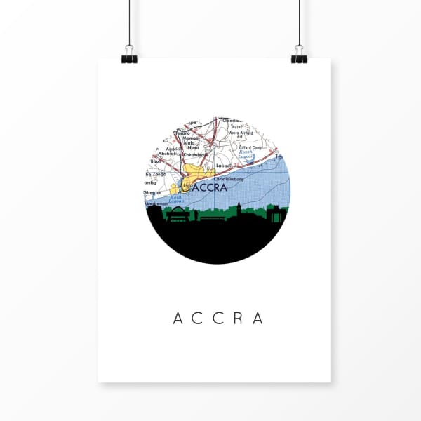 Accra Ghana city skyline with vintage Accra map - 5x7 Unframed Print - City Map Skyline
