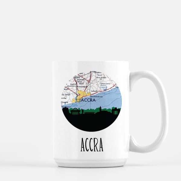 Accra Ghana city skyline with vintage Accra map - Mug | 15 oz - City Map Skyline