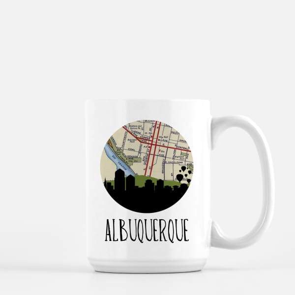 Albuquerque New Mexico city skyline with vintage Albuquerque map - Mug | 15 oz - City Map Skyline