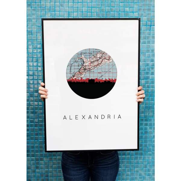 Alexandria Egypt city skyline with vintage Alexandria map - City Map Skyline
