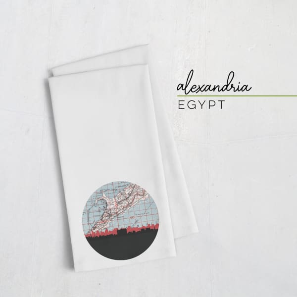Alexandria Egypt city skyline with vintage Alexandria map - Tea Towel - City Map Skyline