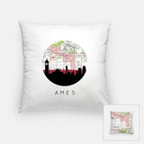 Ames Iowa city skyline with vintage Ames map - Pillow | Square - City Map Skyline