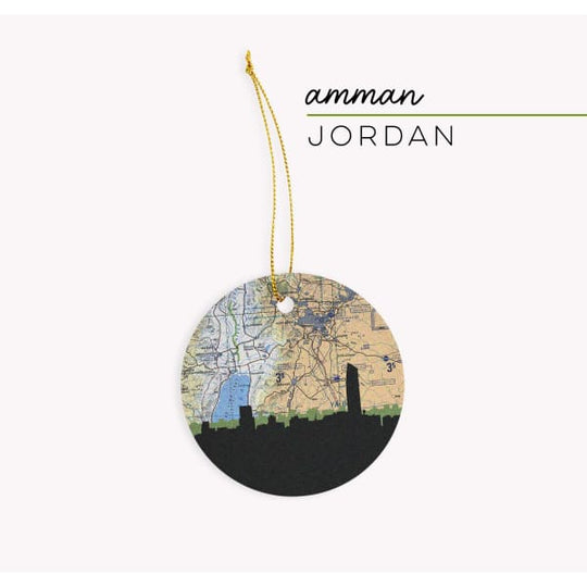 Amman Jordan city skyline with vintage Amman map - Ornament - City Map Skyline