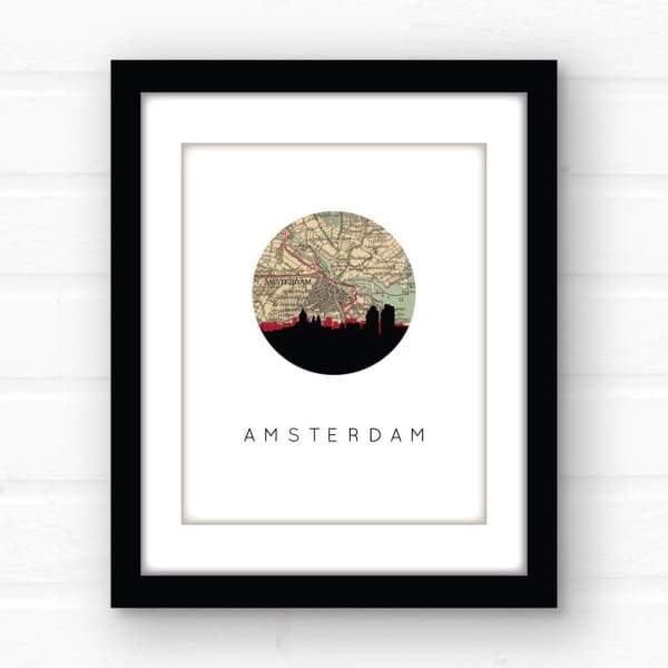 Amsterdam city skyline with vintage Amsterdam map - 5x7 FRAMED Print - City Map Skyline