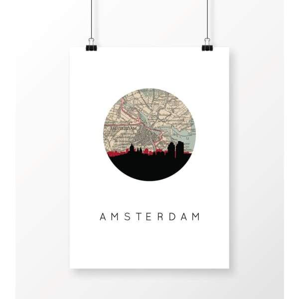 Amsterdam city skyline with vintage Amsterdam map - 5x7 Unframed Print - City Map Skyline