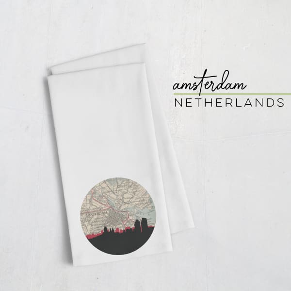 Amsterdam city skyline with vintage Amsterdam map - Tea Towel - City Map Skyline
