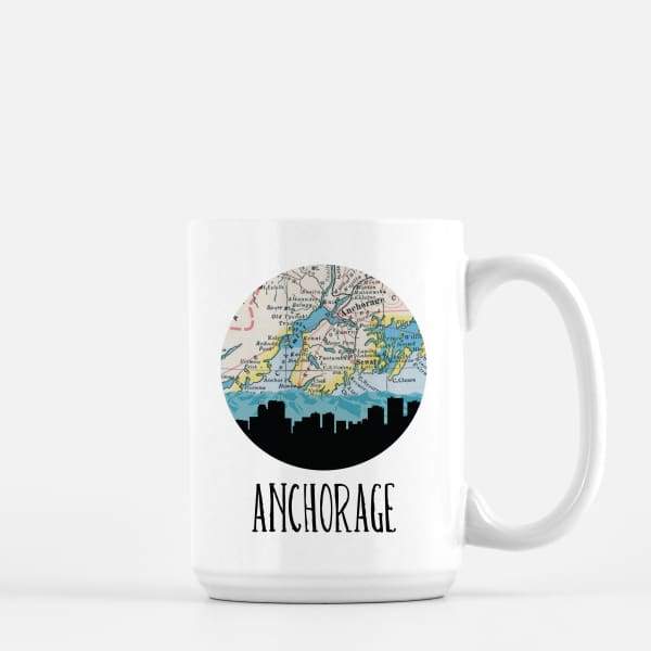 Anchorage Alaska city skyline with vintage Anchorage map - Mug | 15 oz - City Map Skyline