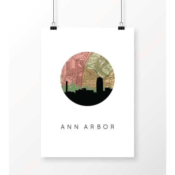 Ann Arbor Michigan city skyline with vintage Ann Arbor map - 5x7 Unframed Print - City Map Skyline