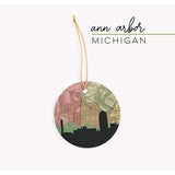 Ann Arbor Michigan city skyline with vintage Ann Arbor map - Ornament - City Map Skyline