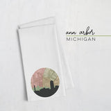 Ann Arbor Michigan city skyline with vintage Ann Arbor map - Tea Towel - City Map Skyline