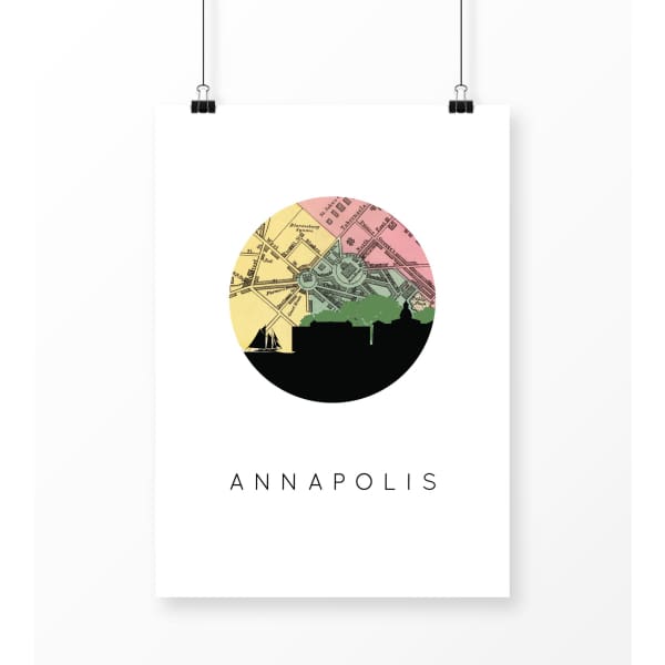 Annapolis Maryland city skyline with vintage Annapolis map - 5x7 Unframed Print - City Map Skyline