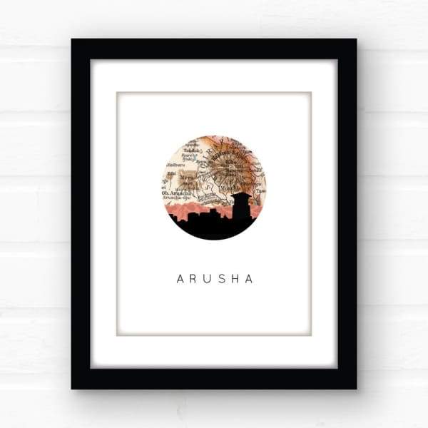 Arusha, Tanzania city skyline with vintage Arusha map wanderlust