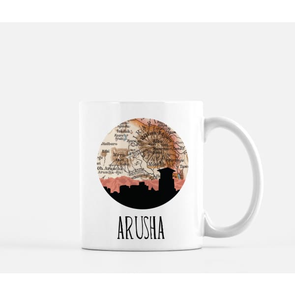 Arusha, Tanzania city skyline with vintage Arusha map wanderlust