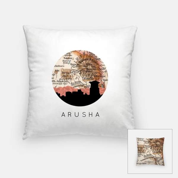 Arusha Tanzania city skyline with vintage Arusha map - Pillow | Square - City Map Skyline