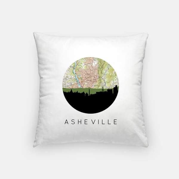 Asheville North Carolina city skyline with vintage Asheville map - Pillow | Square - City Map Skyline