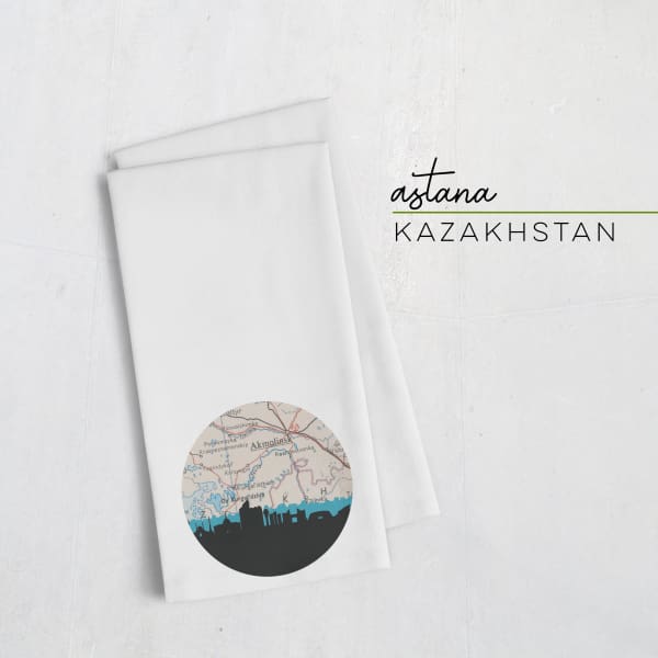 Astana Kazakhstan city skyline with vintage Astana map - Tea Towel - City Map Skyline