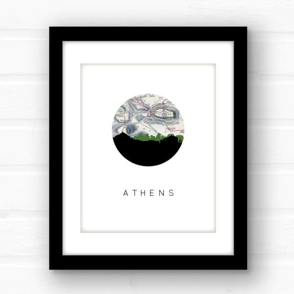 Athens Greece city skyline with vintage Athens map - 5x7 FRAMED Print - City Map Skyline