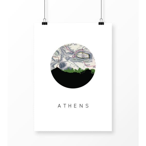 Athens Greece city skyline with vintage Athens map - 5x7 Unframed Print - City Map Skyline