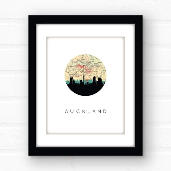 Auckland New Zealand city skyline with vintage Auckland map - 5x7 FRAMED Print - City Map Skyline