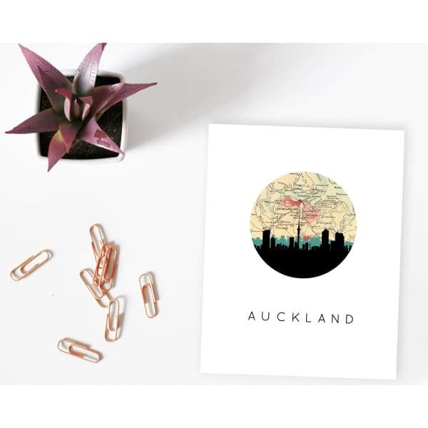 Auckland New Zealand city skyline with vintage Auckland map - 5x7 Unframed Print - City Map Skyline