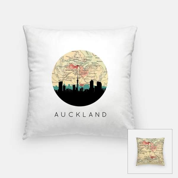 Auckland New Zealand city skyline with vintage Auckland map - Pillow | Square - City Map Skyline