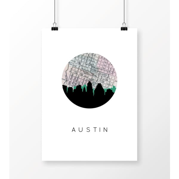 Austin Texas city skyline with vintage Austin map - 5x7 Unframed Print - City Map Skyline