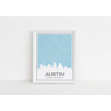 Austin Texas skyline and map with coordinates - 5x7 Unframed Print / LightBlue - Road Map and Skyline
