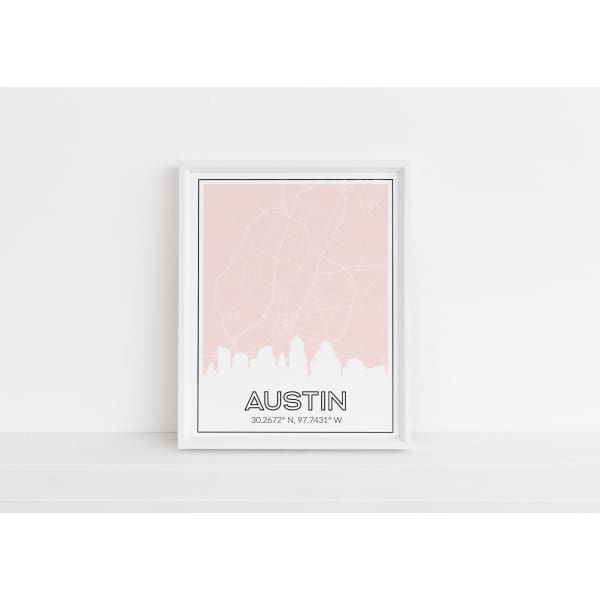 Austin Texas skyline and map with coordinates - 5x7 Unframed Print / MistyRose - Road Map and Skyline