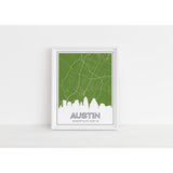 Austin Texas skyline and map with coordinates - 5x7 Unframed Print / OliveDrab - Road Map and Skyline
