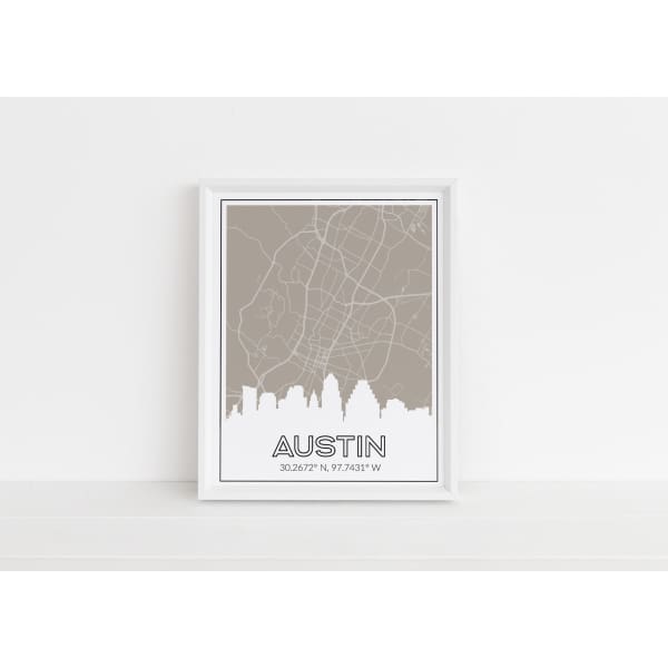 Austin Texas skyline and map with coordinates - 5x7 Unframed Print / Tan - Road Map and Skyline