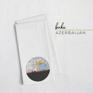 Baku Azerbaijan city skyline with vintage Bazu map - Tea Towel - City Map Skyline