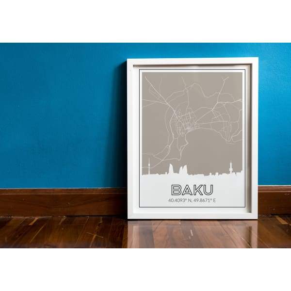Baku Azerbaijan road map and skyline - 5x7 Unframed Print / Tan - Road Map and Skyline