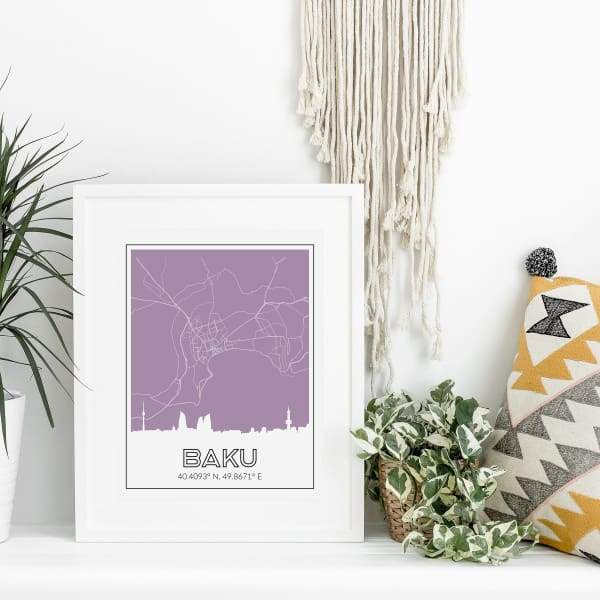 Baku Azerbaijan road map and skyline - 5x7 Unframed Print / Thistle - Road Map and Skyline