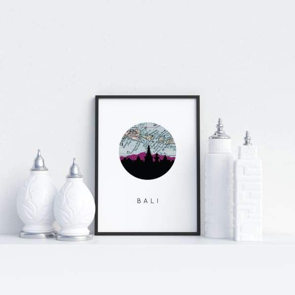 Bali Indonesia city skyline with vintage Bali map - 5x7 Unframed Print - City Map Skyline
