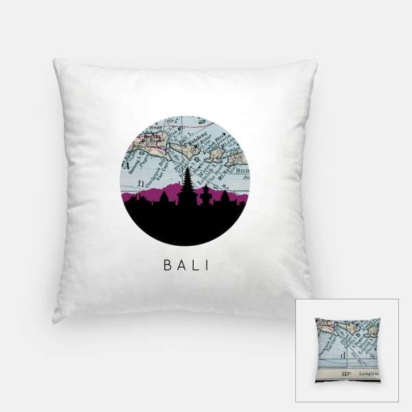 Bali Indonesia city skyline with vintage Bali map - Pillow | Square - City Map Skyline