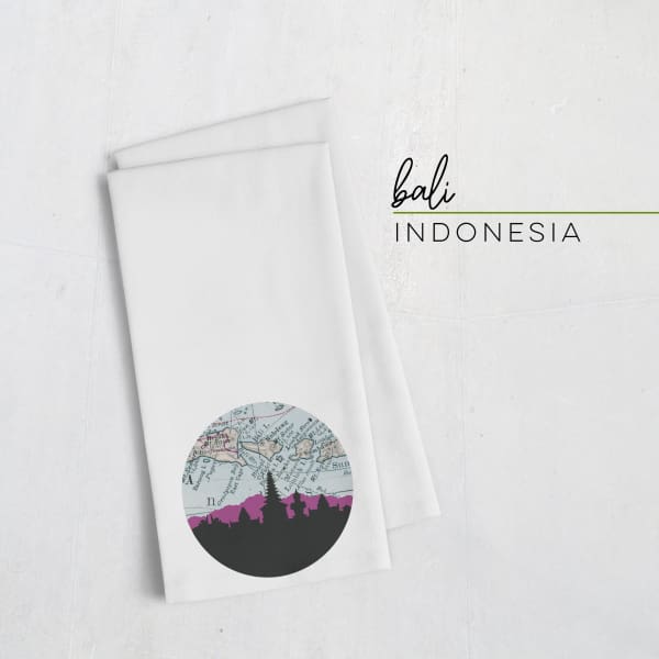 Bali Indonesia city skyline with vintage Bali map - Tea Towel - City Map Skyline