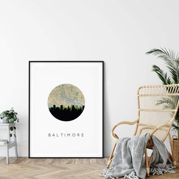 Baltimore Maryland city skyline with vintage Baltimore map - 5x7 FRAMED Print - City Map Skyline
