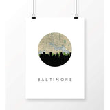 Baltimore Maryland city skyline with vintage Baltimore map - 5x7 Unframed Print - City Map Skyline