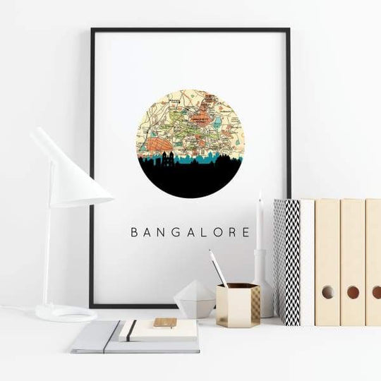 Bangalore India city skyline with vintage Bangalore map - City Map Skyline