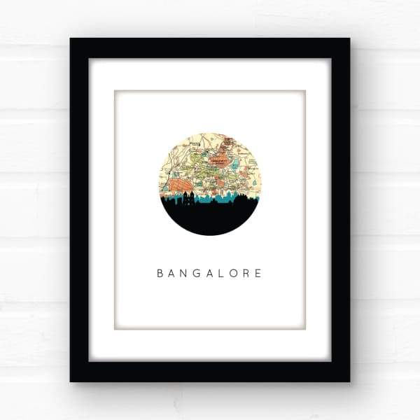 Bangalore India city skyline with vintage Bangalore map - 5x7 Unframed Print - City Map Skyline