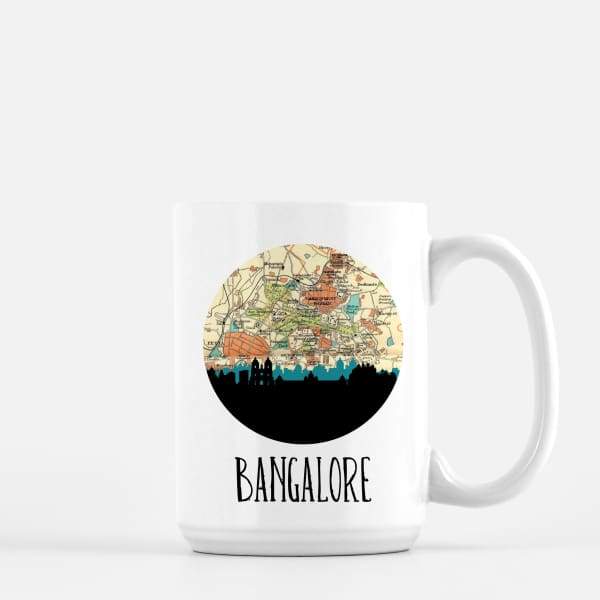 Bangalore India city skyline with vintage Bangalore map - Mug | 15 oz - City Map Skyline