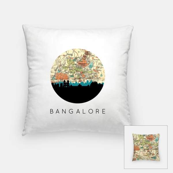 Bangalore India city skyline with vintage Bangalore map - Pillow | Square - City Map Skyline