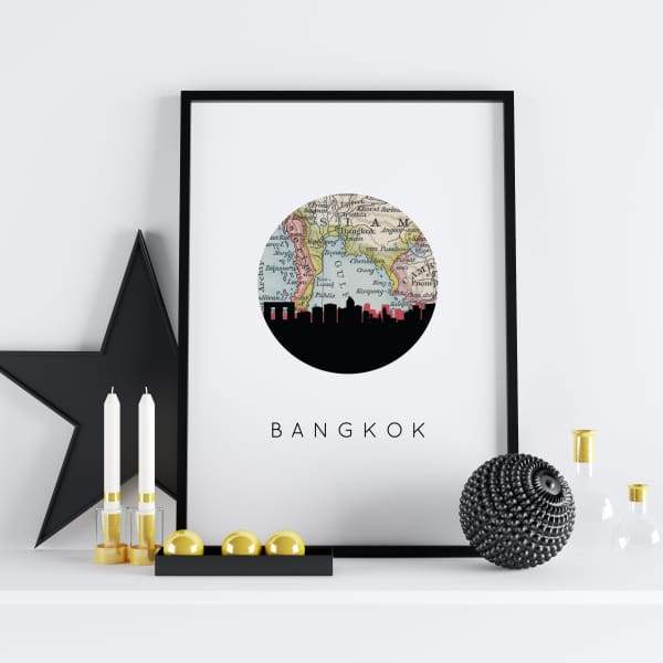 Bangkok Thailand city skyline with vintage Bangkok map - 5x7 Unframed Print - City Map Skyline