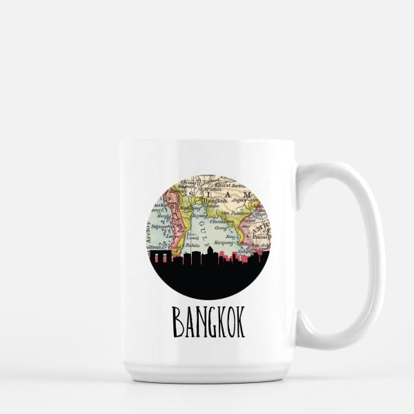 Bangkok Thailand city skyline with vintage Bangkok map - Mug | 15 oz - City Map Skyline