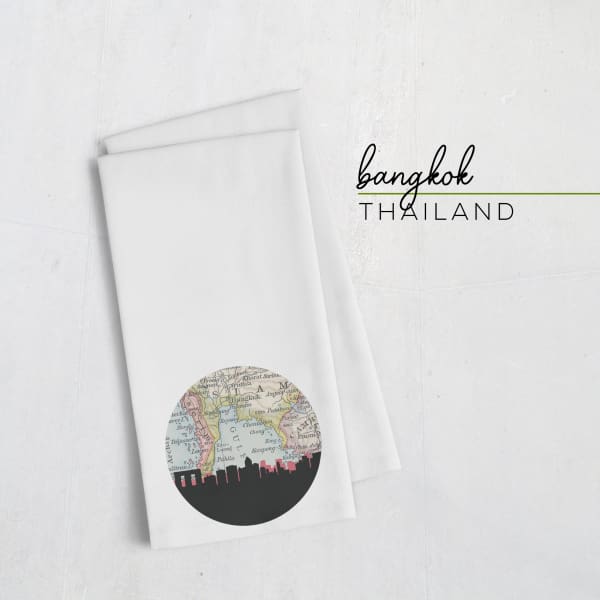 Bangkok Thailand city skyline with vintage Bangkok map - Tea Towel - City Map Skyline