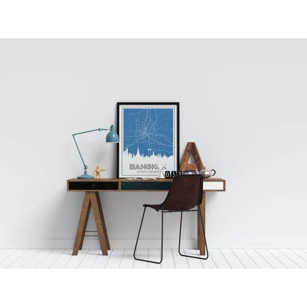 Bangkok Thailand road map and skyline - 5x7 Unframed Print / SteelBlue - Road Map and Skyline
