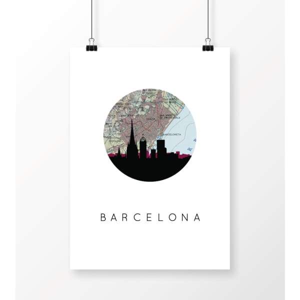 Barcelona city skyline with vintage Barcelona map - 5x7 Unframed Print - City Map Skyline