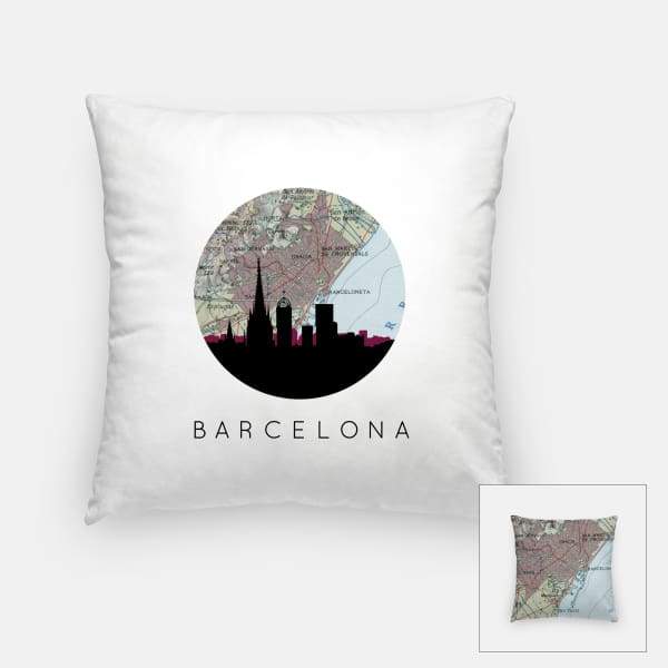 Barcelona city skyline with vintage Barcelona map - Pillow | Square - City Map Skyline